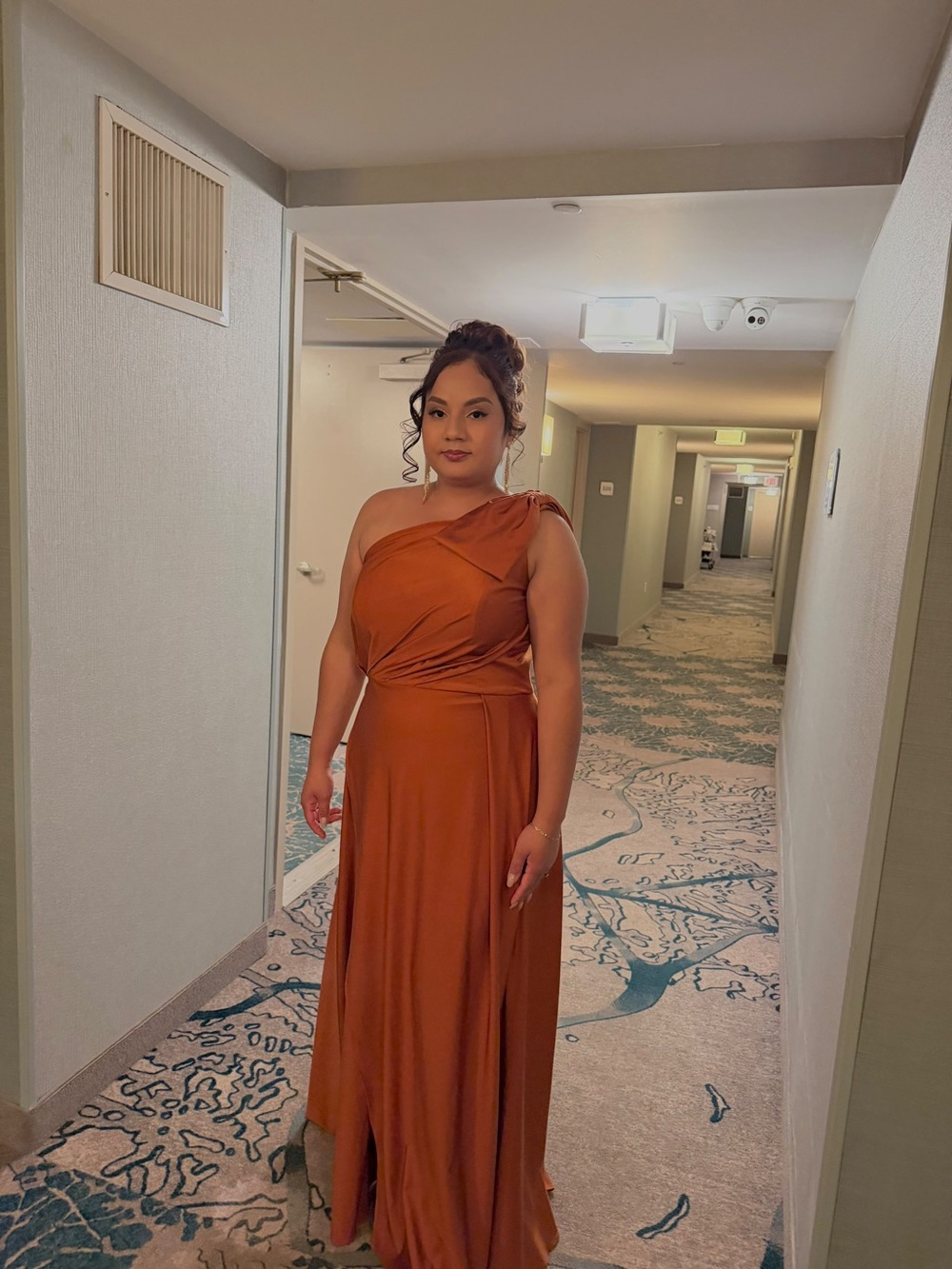 One-Shoulder Rust Evening Gown